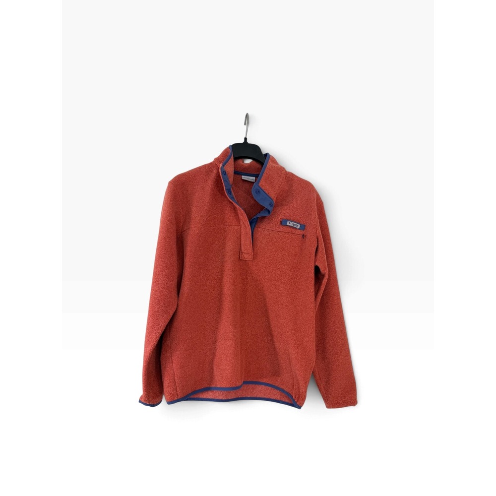 Columbia PFG Womens Fleece Pullover XL Coral Orange Blue Snap Neck Jacket